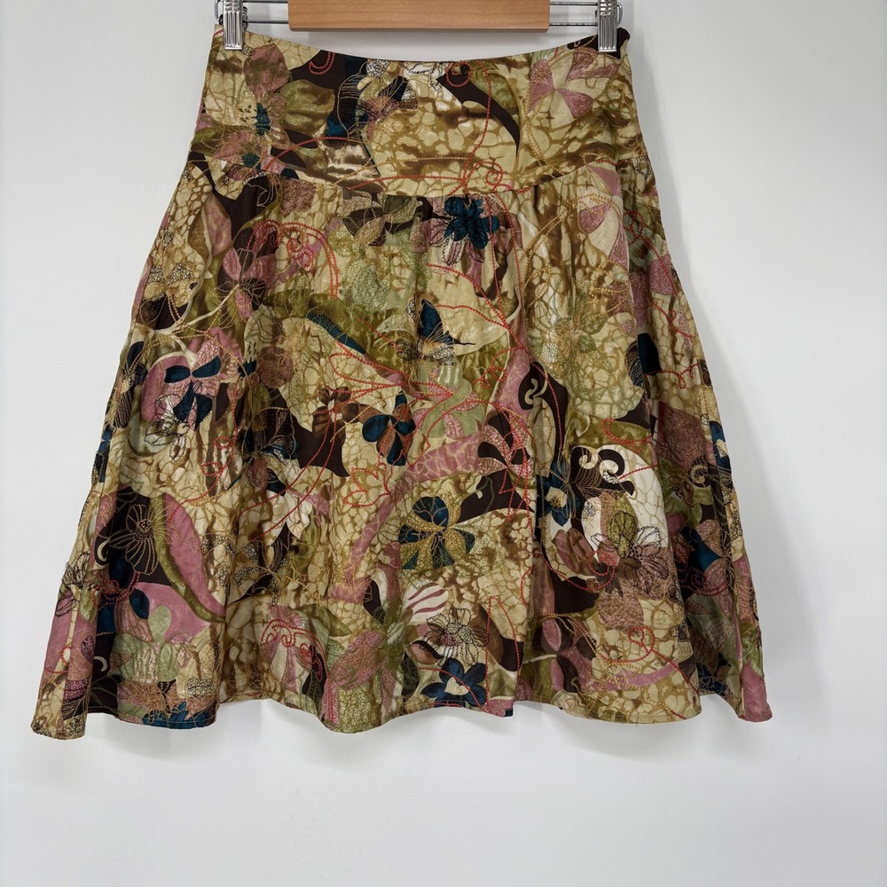 Chicos Silk Floral Batik Embroidered A Line Skirt Size S Earthy‎ Boho Colorful